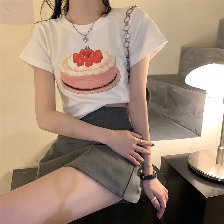 T-shirt pacar mahasiswa pendek rasa krim kue dicetak musim panas atasan longgar lengan pendek wanita