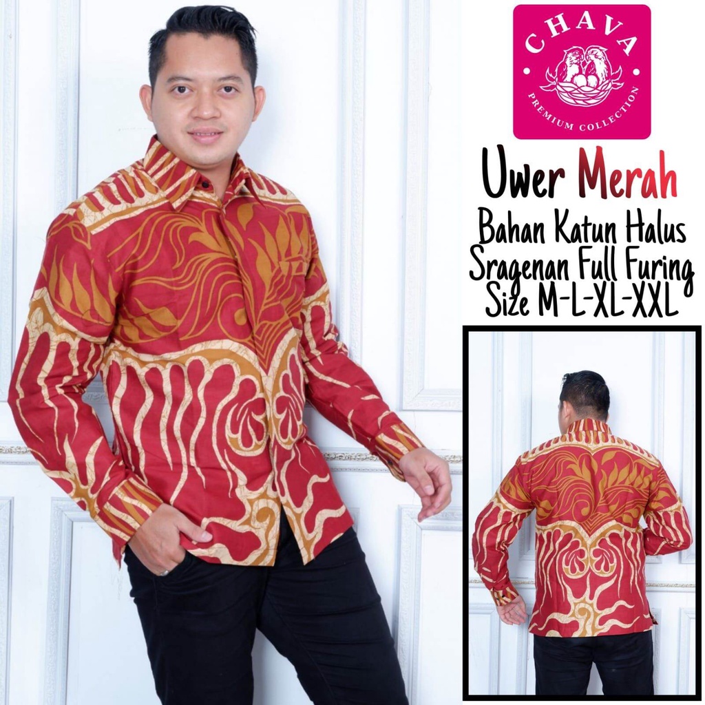 Kemeja batik kerja warna merah batik formal pria terbaru bahan katun halus lapis furing uwer merah