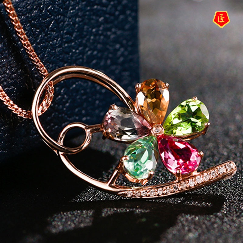 [Ready Stock]Elegant Colorful Gem Pendant 18K Rose Gold Simple Fashion