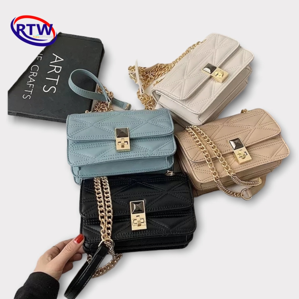 Tas Selempang Bahu Wanita Korea Shoulder Bag PU Leather Tuup Kunci Tali Rantai