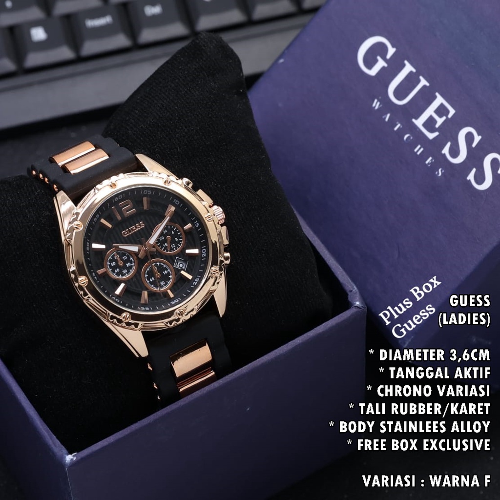 (FREE BOX) JAM TANGAN WANITA GUESS TALI RUBBER BODY BULAT TANGGAL AKTIF CHORNO VARIASI