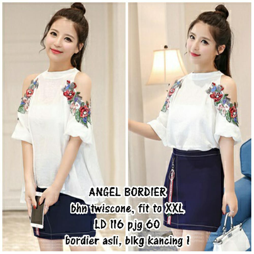 to ANGEL BORDIE bordir XL top atasan blouse big size jumbo putih babol lengan bahu bolong simple el