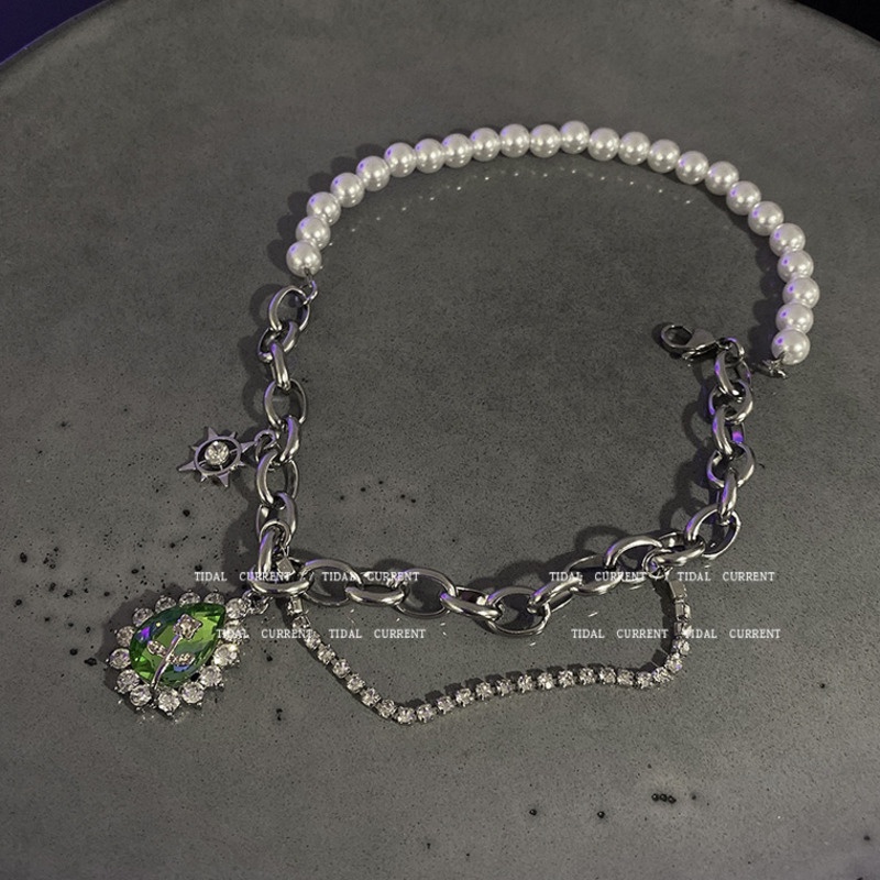 Kalung Rantai Desain Geometri Aksen Mutiara Bahan Zircon Gaya Hip Hop