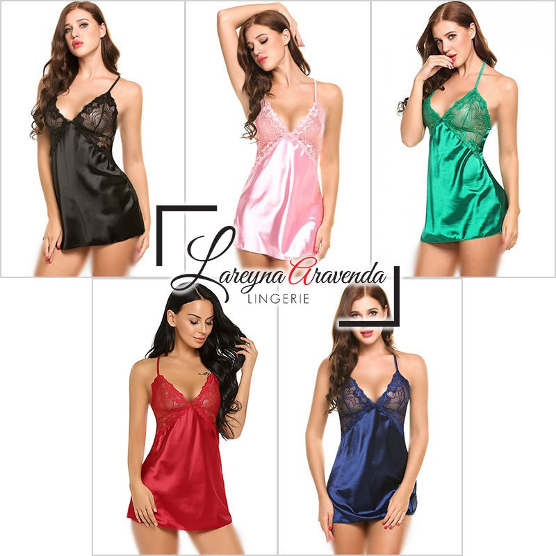 Set Lingerie + G String Seksi Model Lace Nightdress Sexy Suit Satin LG260