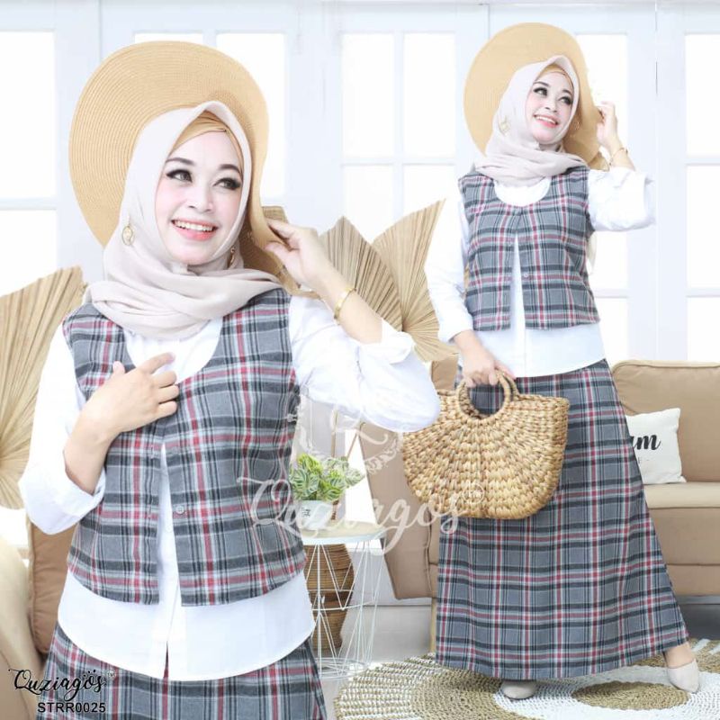 QUZIAGOS STRR0025.ORI SET 3IN1,KEMEJA,ROMPI,ROK,FREE MASKER