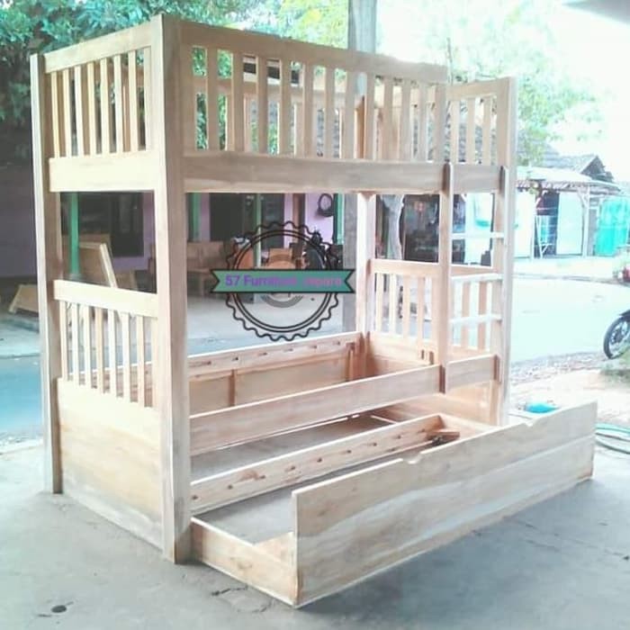 Tempat tidur/ dipan tingkat untuk anak bahan kayu jati mentahan simpel