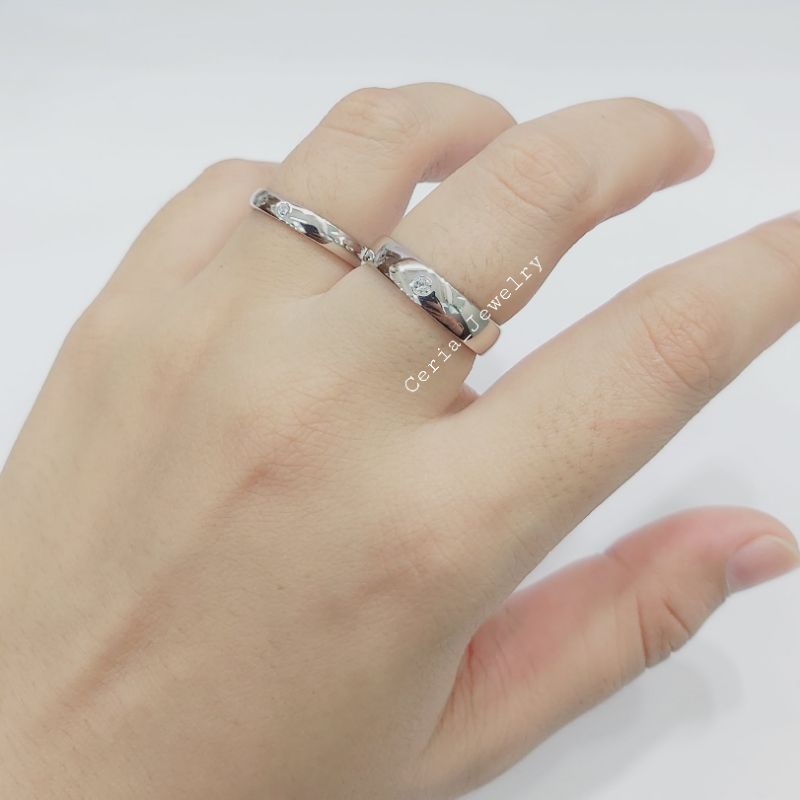 Cincin Perak Asli Pria Wanita Silver 925 Lapis Emas Putih Model Cincin Polos 1 permata, Cincin Pasangan, Cincin Tunangan, Cincin Couple - Perhiasan Perak Asli