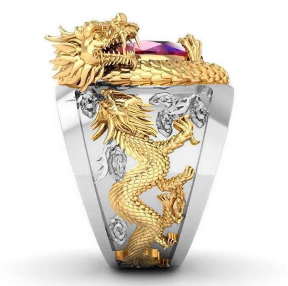 Naga 3D Baja Titanium Perak Emas Kristal Rubi Berlian Perhiasan Fashion Pria Patung Hewan Cincin Punk Gold Rings