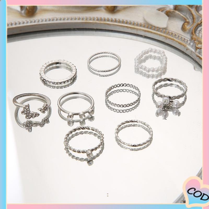 COD❤️ 9 PCS Wanita Tipis Berongga Mutiara Kristal Kupu-kupu Berlian Premium Knuckle Ring Set-A.one