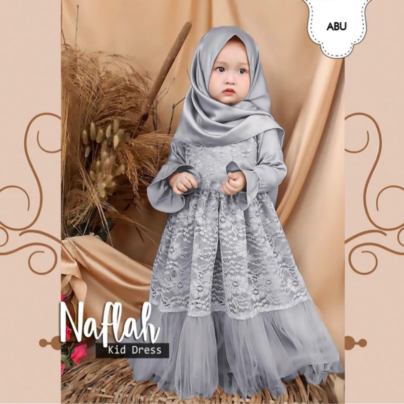 DRESS NAFLAH KID ANAK, SATIN, BRUKAT TILE, GAMIS HIJAB MUSLIM, DRESS MAXY