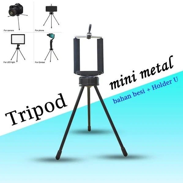 Tripod Mini Metal + Holder U Besi Handphone Zoom Mini Design Tripod Kecil Hp