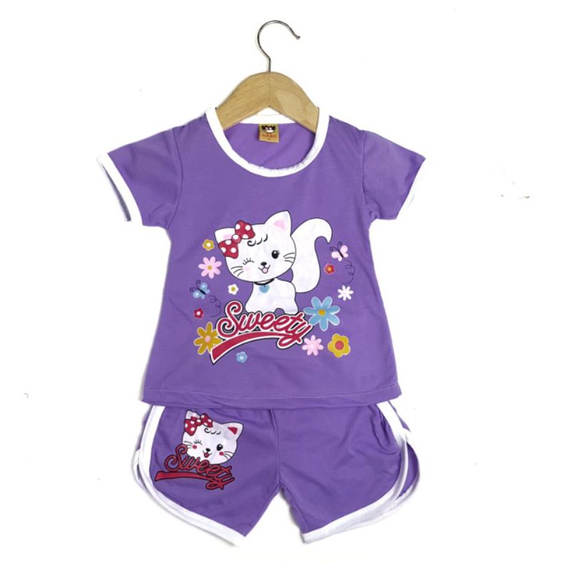 SETELAN BAJU ANAK PEREMPUAN SIJAMBUL NEW MOTIF SWEETY CAT 2-6 TAHUN