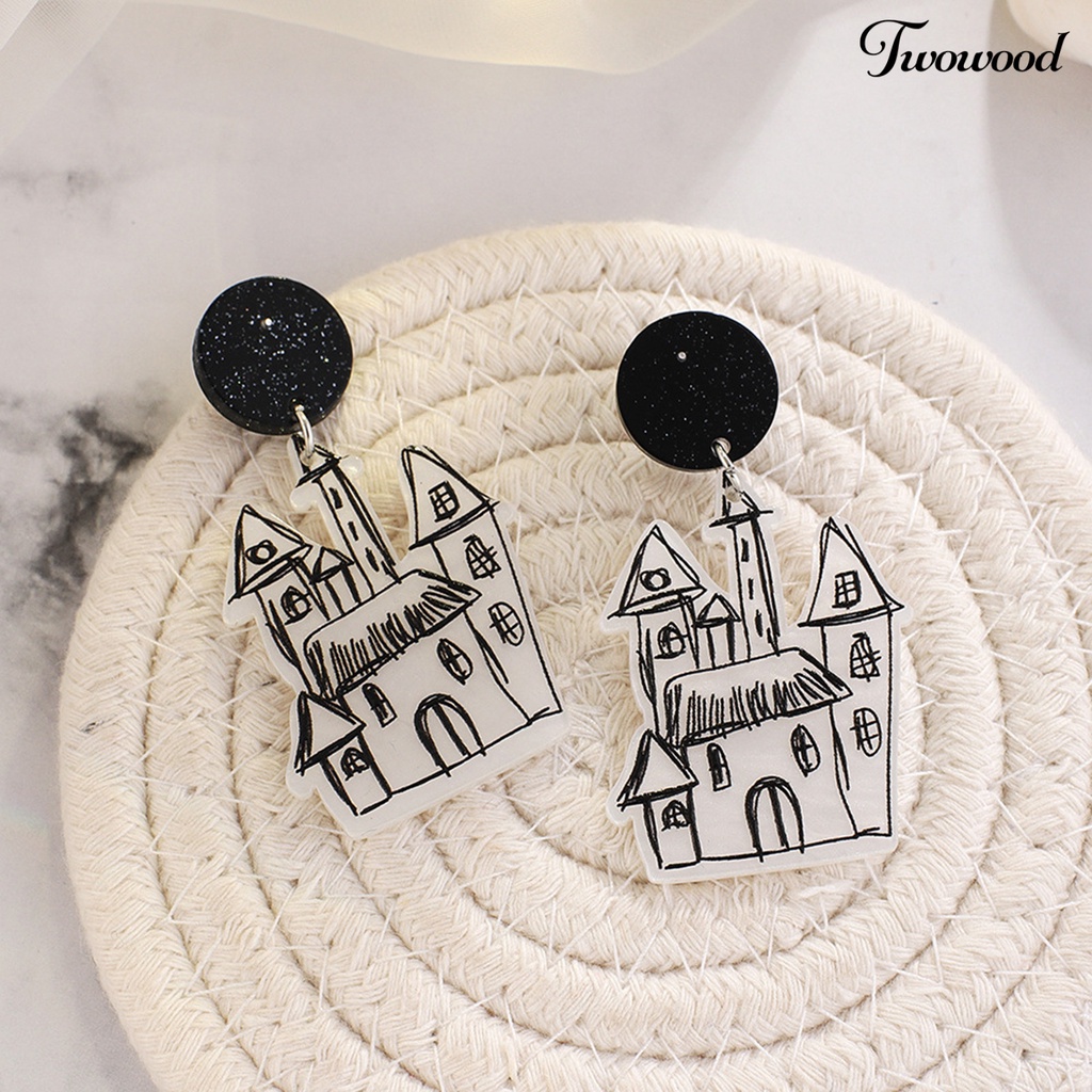 Twowood 1 Pair Halloween Earrings Ghost Delicate Acrylic Graffiti House Pendant Stud Earrings for Halloween