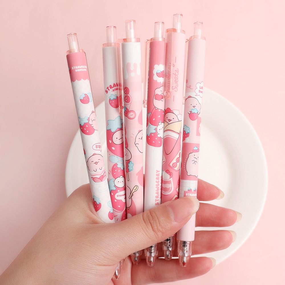 1pc Pulpen Gel Tekan Motif Dinosaurus Warna Pink Untuk Stationery Sekolah / Kantor