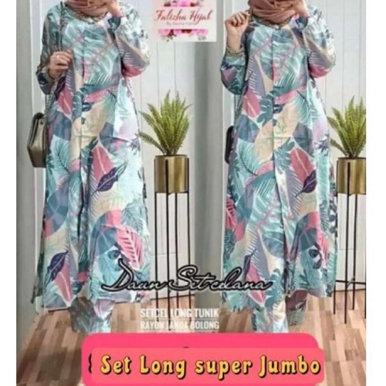 [KODE MGSUR] SETELAN LONG TUNIK JUMBO LD 120- 125 / SETCEL RAYON PREMIUM DAUN / TROPIKAL / omela / L