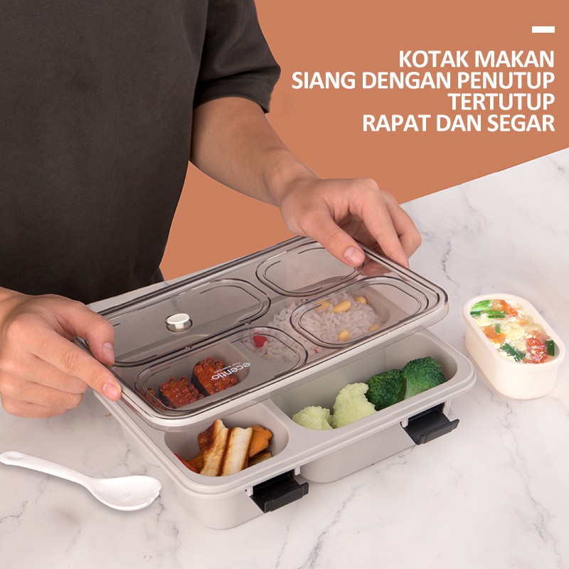 ecentio &amp; FOODI 1300ml 4 grid tahan bocor bento box/kotak sup dan sendok gratis