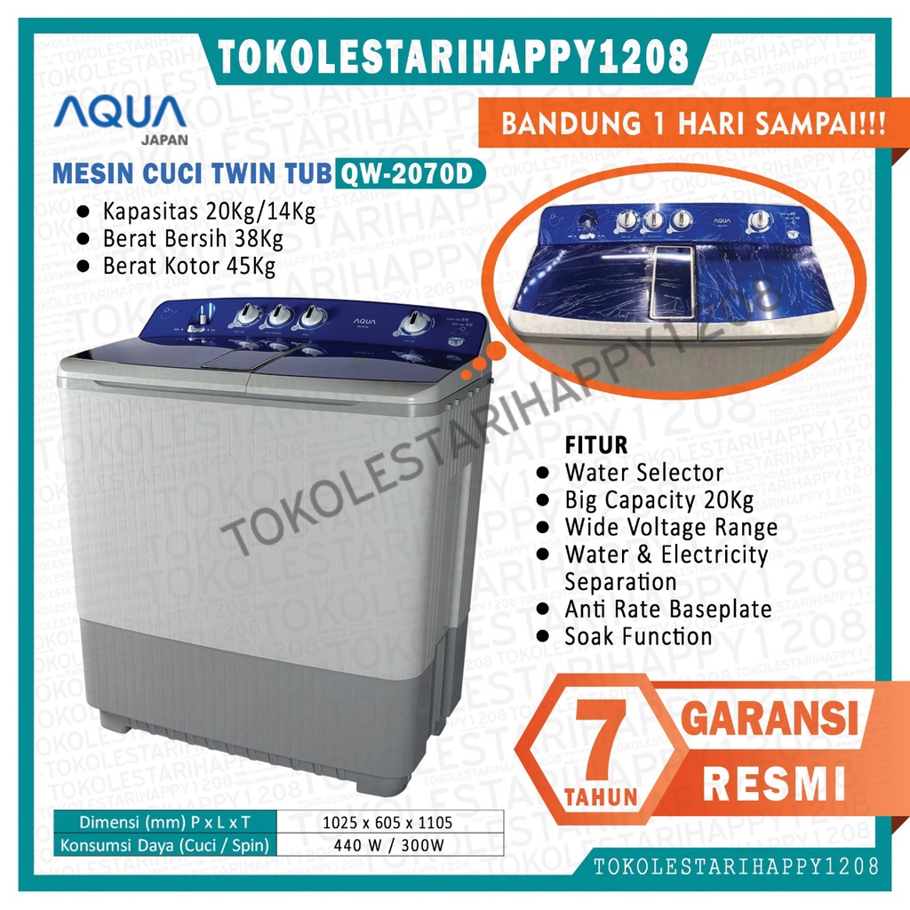 MESIN CUCI AQUA 2 TABUNG 20 KG TWIN TUB QW-2070D QW 2070 GARANSI RESMI