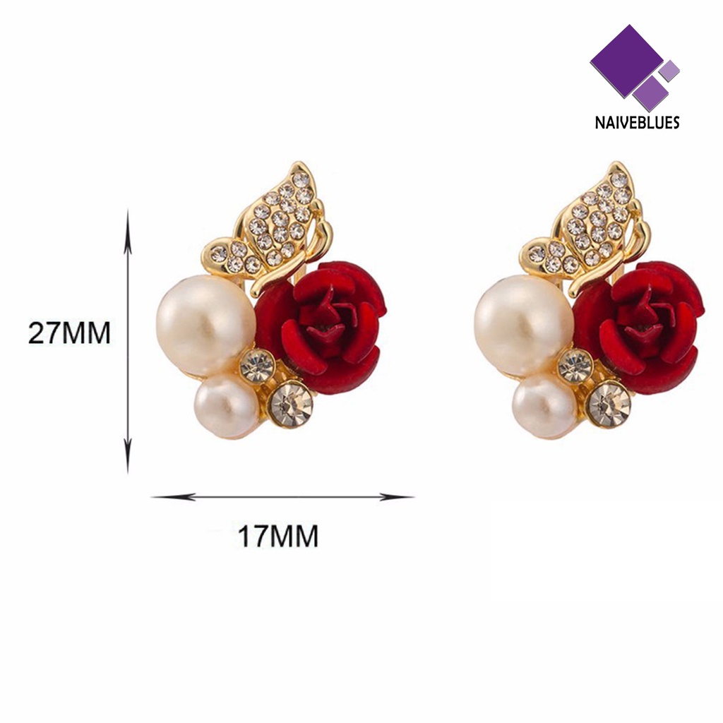 Naiveblue &gt; Anting Tusuk Bentuk Bunga Mawar Merah Aksen Mutiara Imitasi Bahan Alloy Untuk Wanita