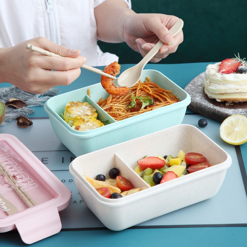 LCX Lunch Box Set Kotak Bekal Makan Jerami Gandum kotak makan ​4 In 1 Free Sendok Tempat Makan