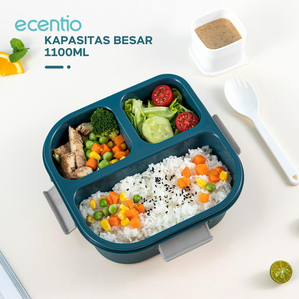 ecentio Kotak Makan 3 Grid lunch box/disegel Kotak/Anti bocor 1100ml+100ml/wadah individu/tempat makan dan sendok/ Free BPA