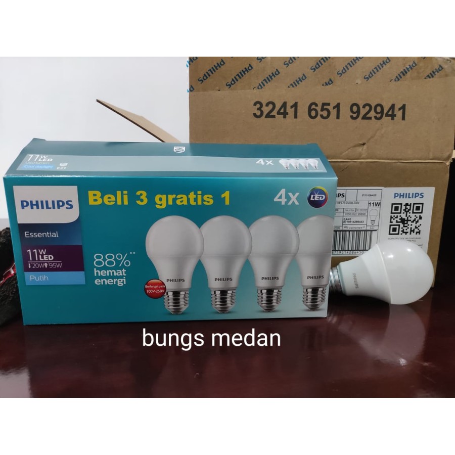 Jual LAMPU LED PHILIPS 11W BULB ESSENTIAL PUTIH 11 WATT 11 W ISI 4 PACK ...