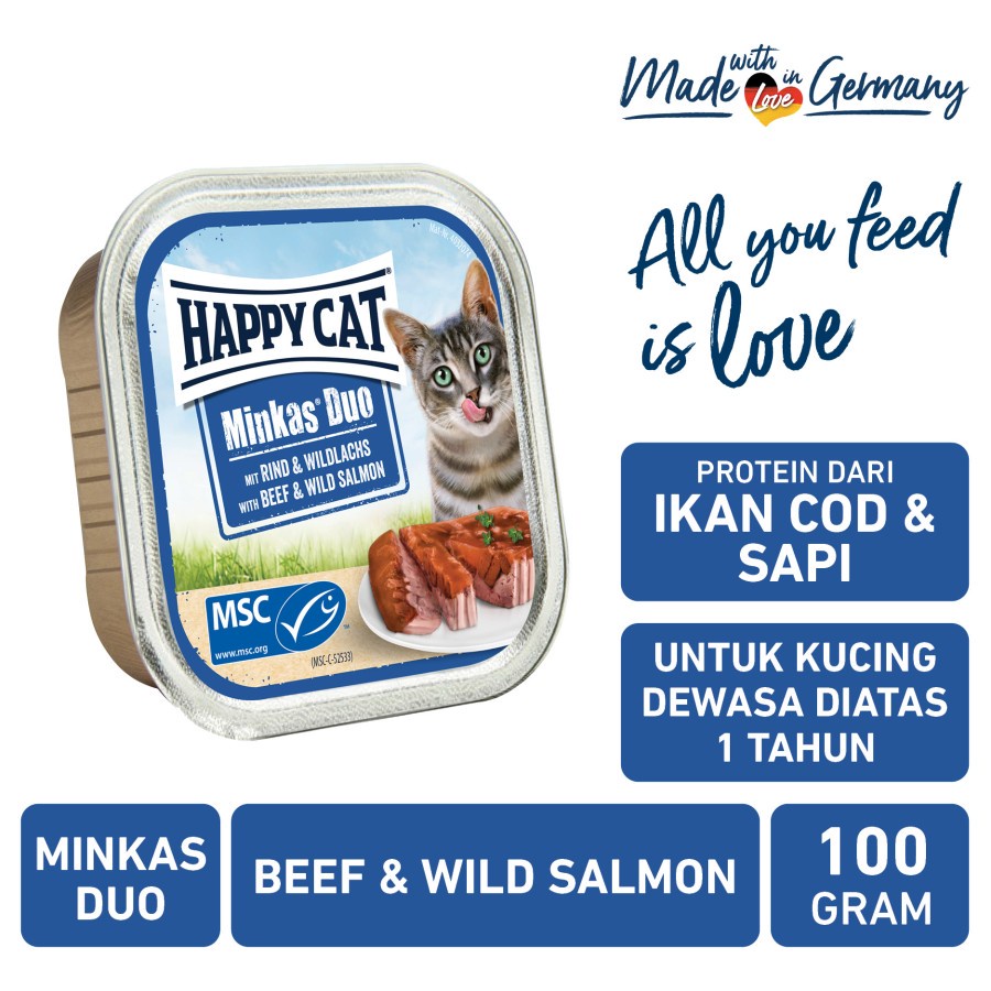 Happy Cat Minkas Duo Beef &amp; Wild Salmon 100gr Makanan Kucing Basah Wet