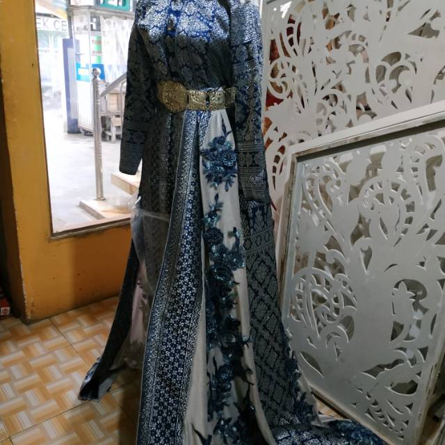 baju pengantin songket jubah panjang biru silver