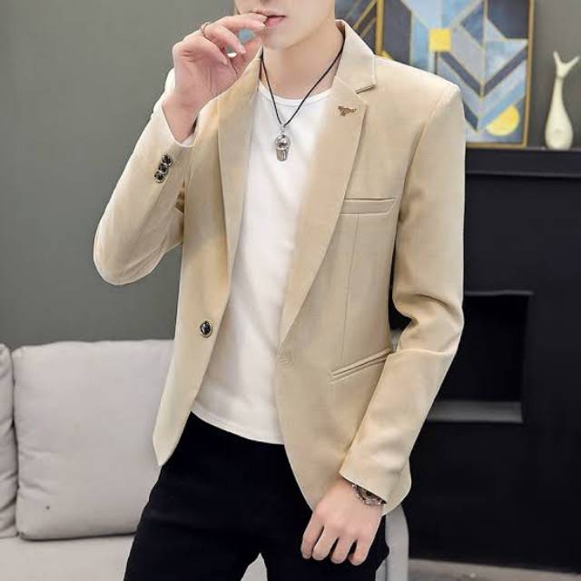 Jas Cream Blazer Pria Jas Formal Pria Blazer Slim fit Jas KPOP