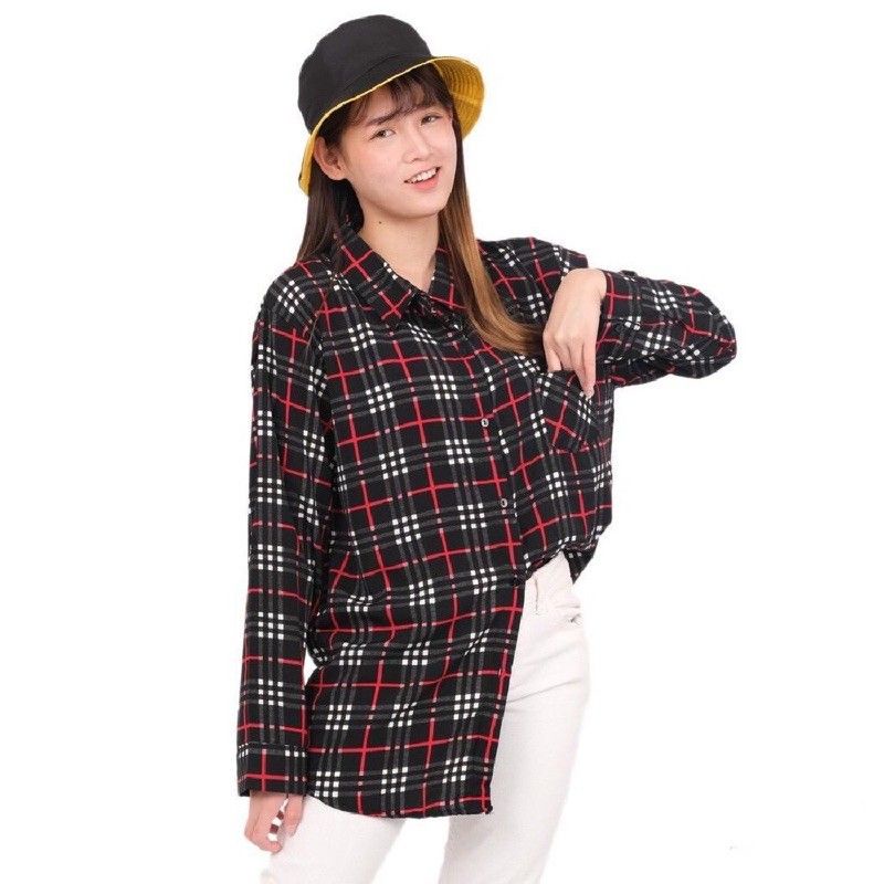 Kemeja Wanita Basic Lengan Panjang Katun Kotak XL-XXL/ Atasan Wanita-Hitam
