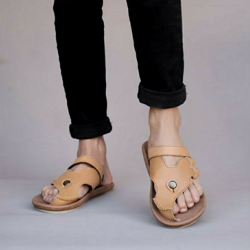 LUCKY | Sandal Kulit Asli Pria Kasual Modern Sendal Santai Cowok Murah