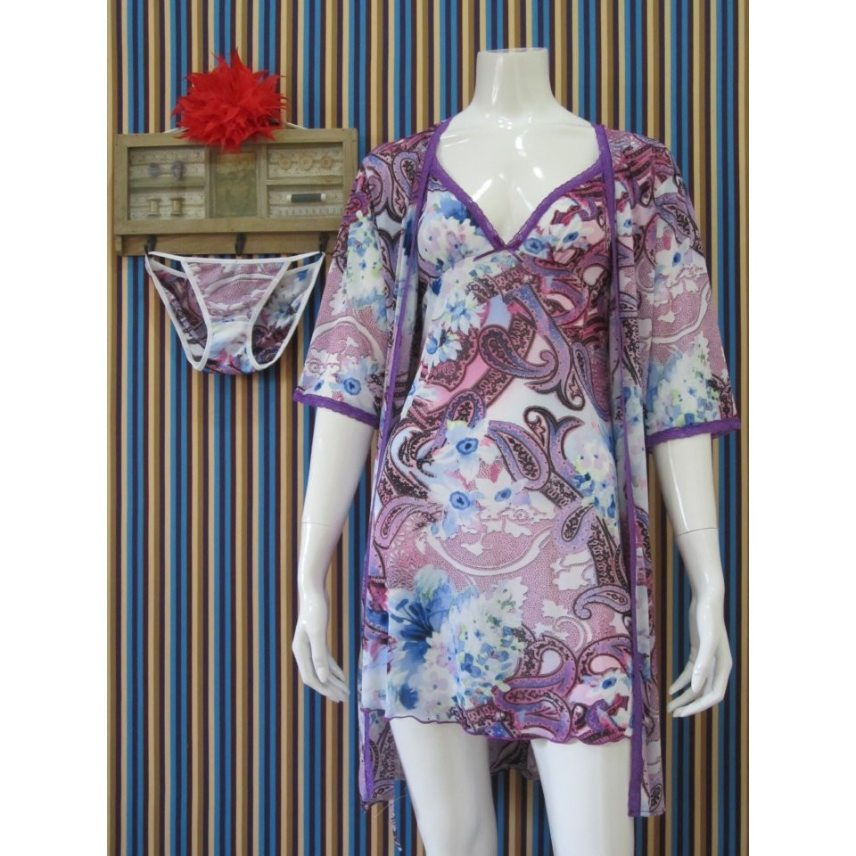 kimono lingerie transparan motif set celana (3 in 1) L197 gaun malam wanita daster