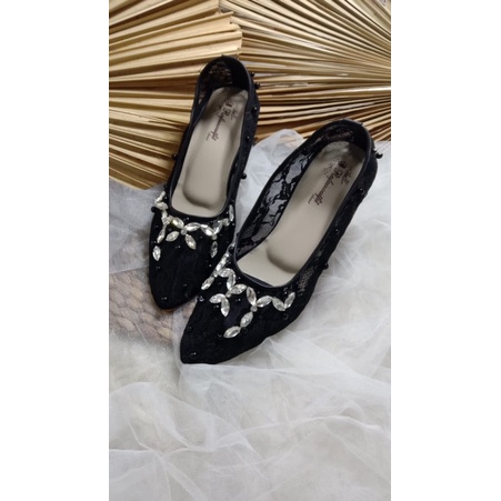 sepatu wanita wedding merisa hitam 7cm kaca