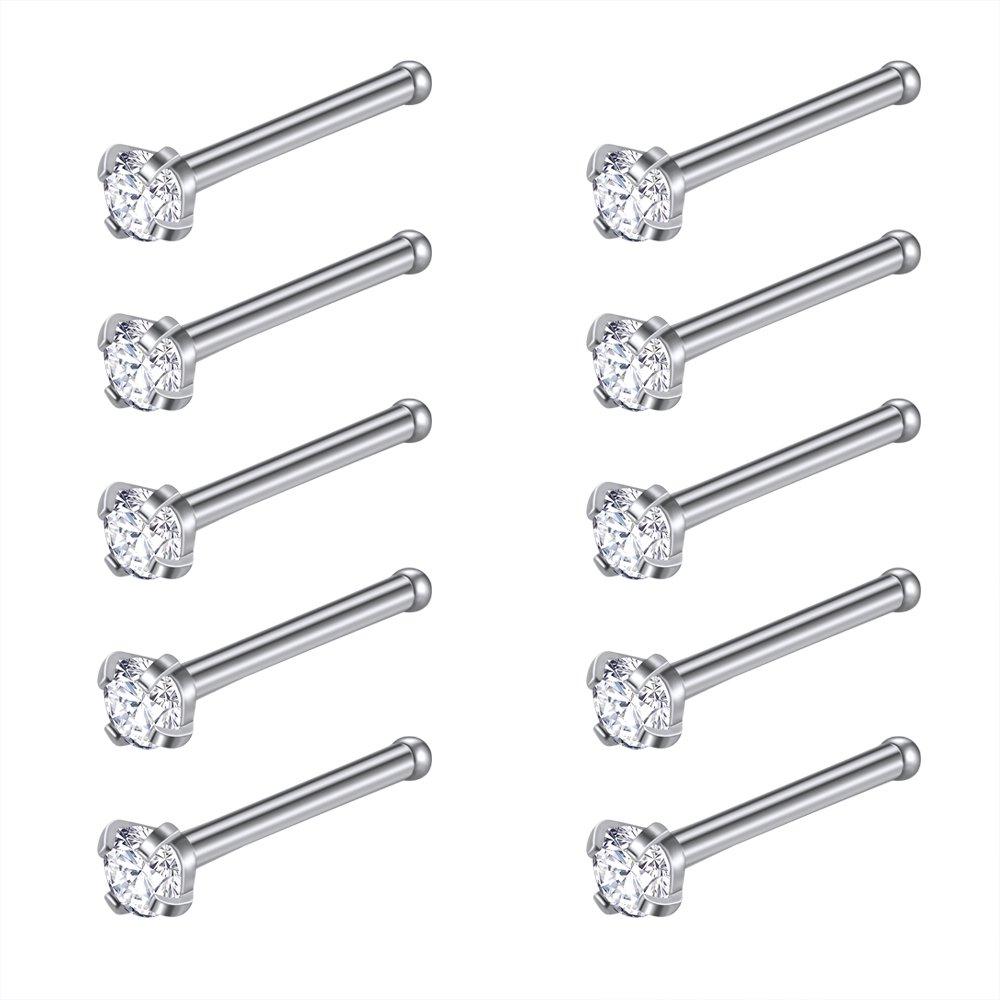 1 Lot 10 Pcs Cincin Tindik Hidung Bahan Stainless Steel 20g Bentuk Bulat Aksen Kristal