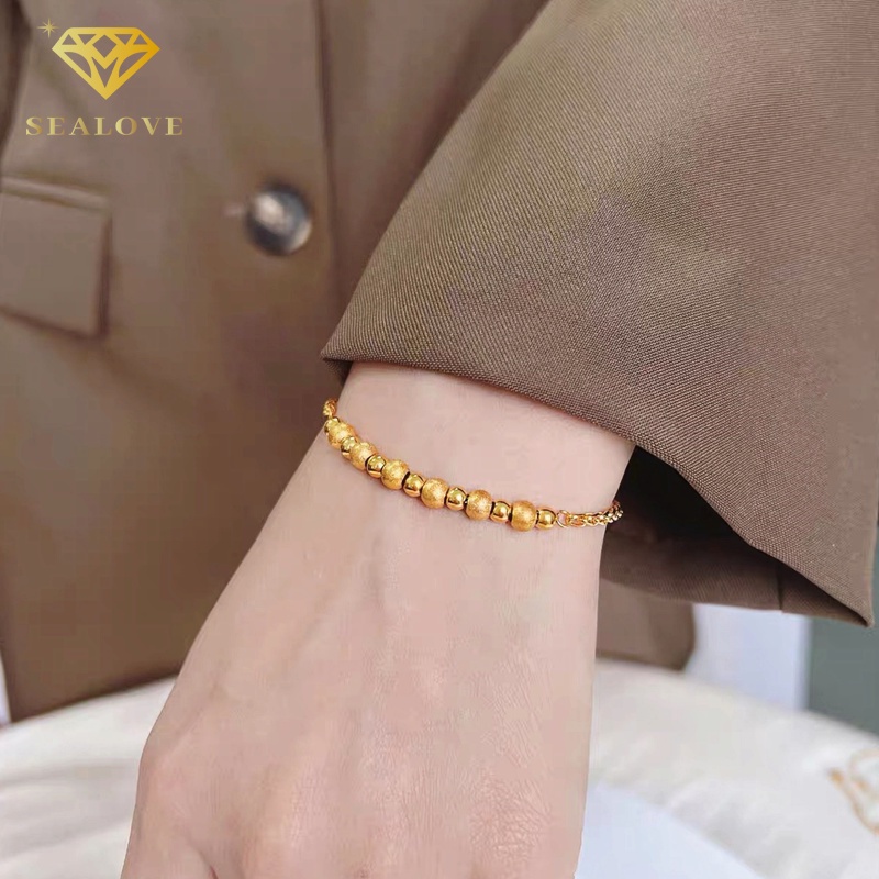 SEALOVE Gelang Titanium Asli Manik-Manik Emas 18K Cantik Anti Karat Perhiasan Wanita Korea