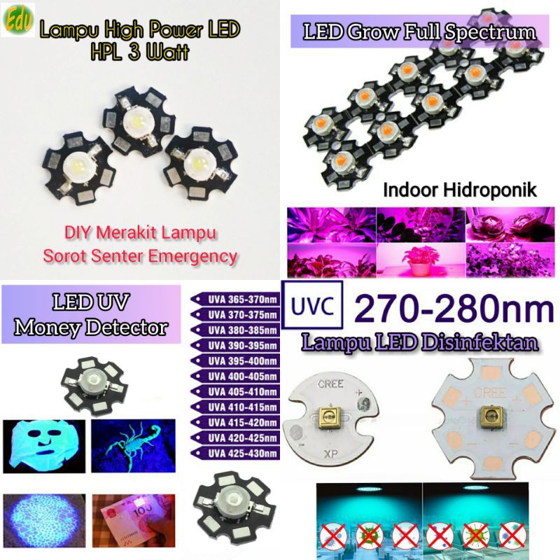 Lampu High Power LED HPL 3 Watt Multi Warna Ultra Violet UV Grow Full Spectrum + Heat Sink PCB Star