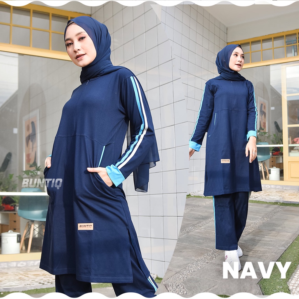 Buntiq Baju Olahraga Muslimah Katun Combed 20S Navy 1 Stel Size M L XL XXL