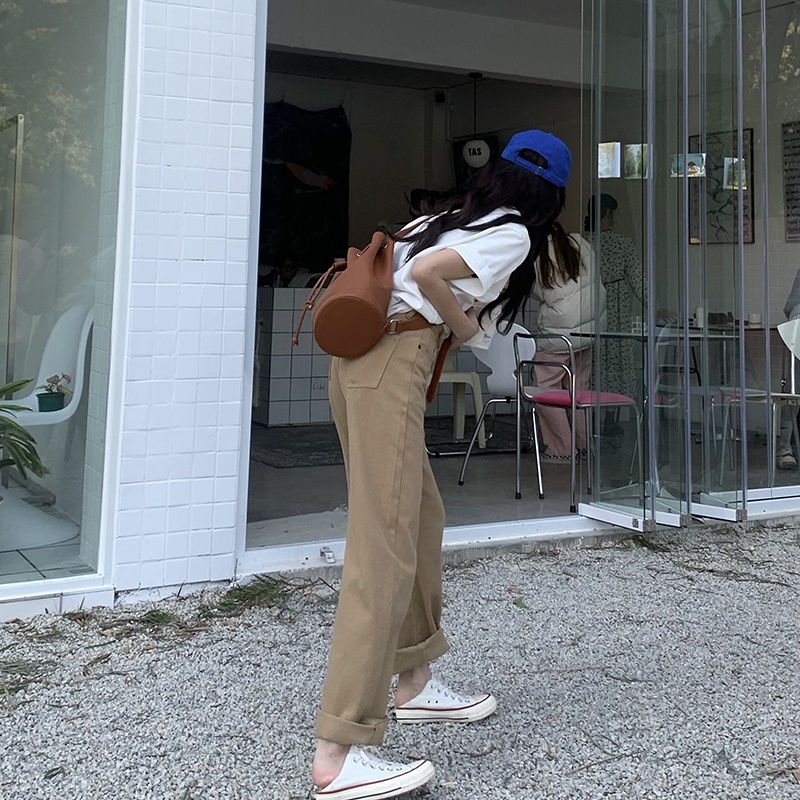 [chaoo.id]Celana kargo berkaki lebar model pinggang tinggi lurus longgar cocok untuk semua celana jens wanita/Korean style straight leg loose khaki jeans