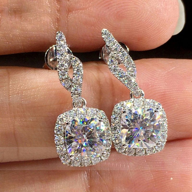 Anting tusuk zircon gantung bentuk kotak