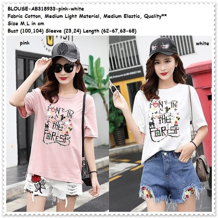 Baju Santai Kaos Katun Blouse Wanita Korea Import Pink White Putih SELLER.