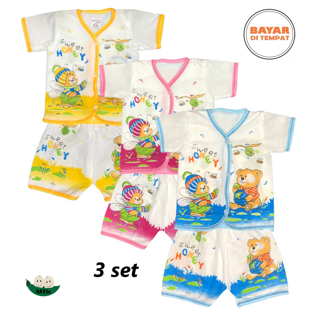 BAYIe - 3 SET Setelan Baju Bayi Lengan Pendek+Celana Pendek  MELODY  New Born umur 0-3 bulan