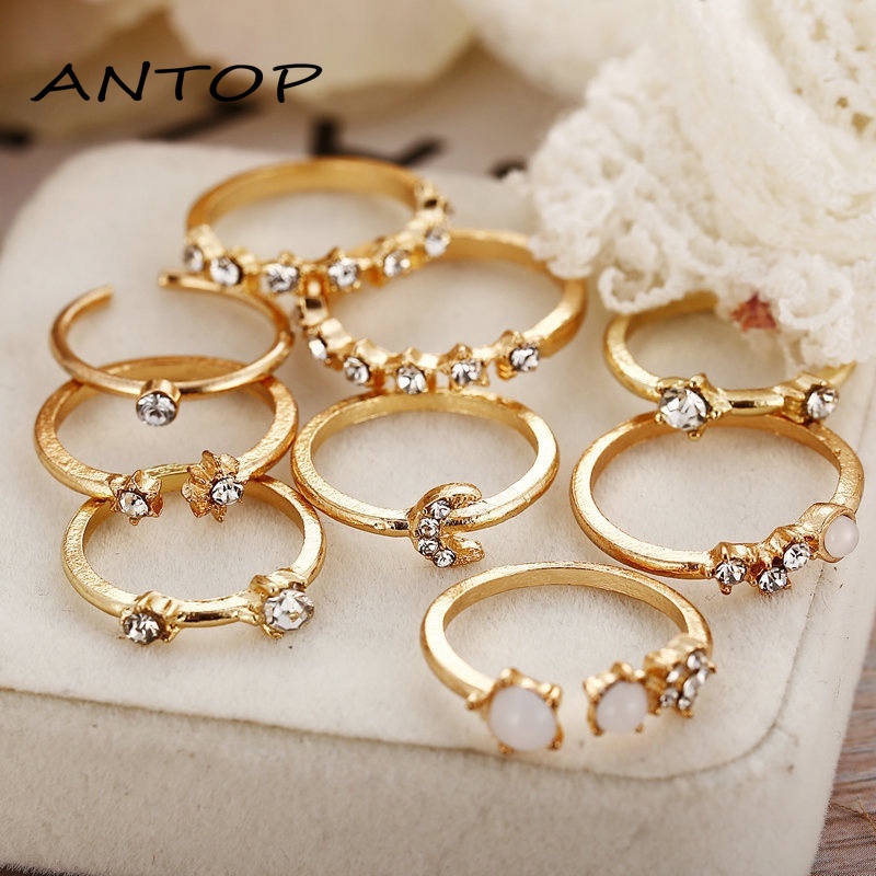 Fashion Set Cincin Gaya Wanita Bohemian Emas Dan Perak Gaya Harian ANTOP