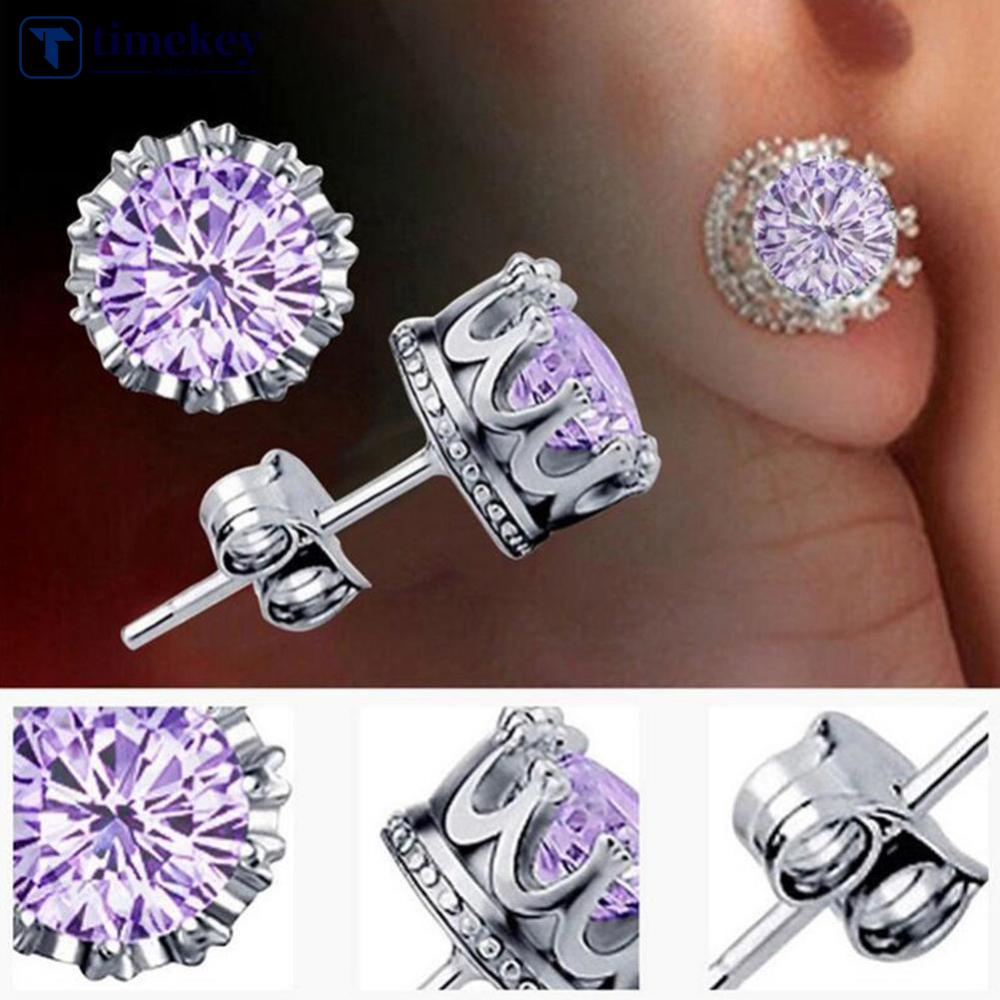 Timekey Anting Tusuk Desain Mahkota Hias Zircon Gaya Klasik Berkilau Untuk Wanita A5K3