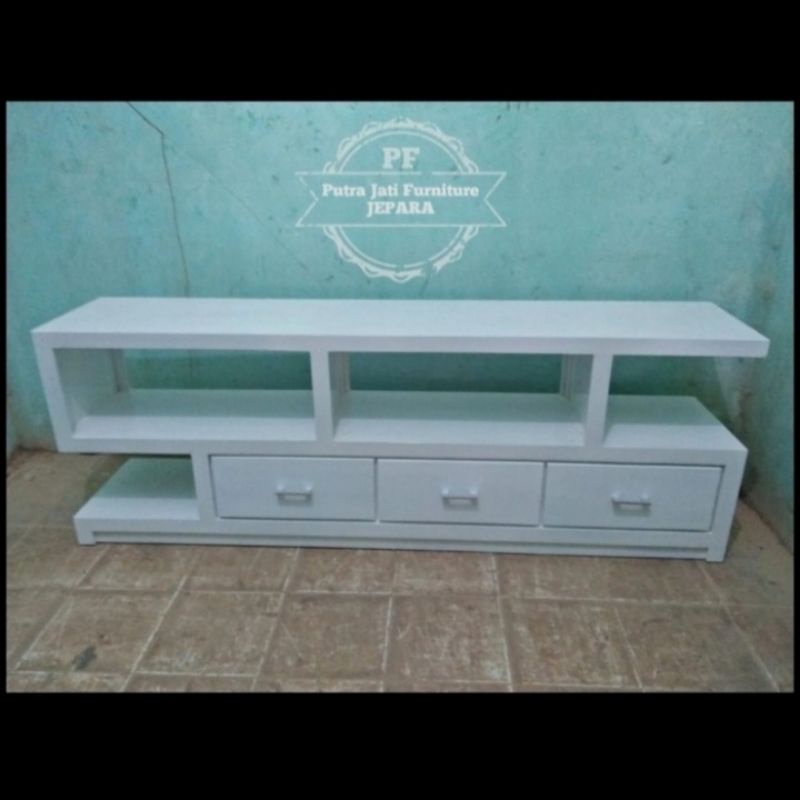 Meja bufet Tv panjang laci warna putih duco kayu jati mebel Jepara