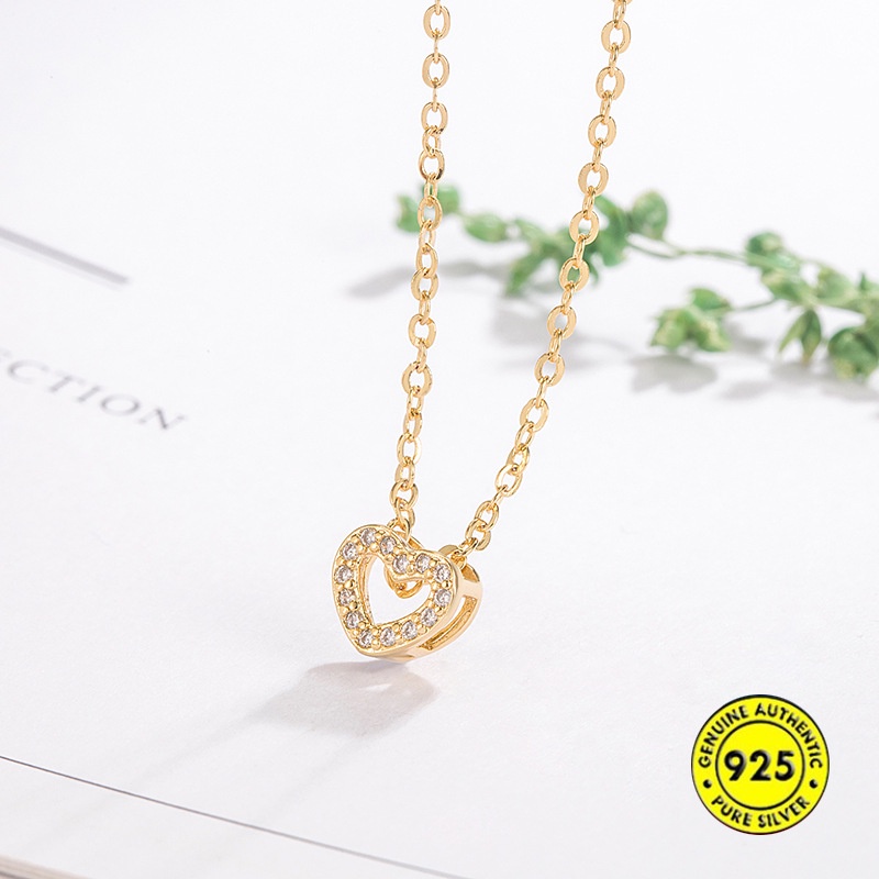 Kalung Rantai Lapis Emas 18K Dengan Liontin Hati Hollow Aksen Berlian Untuk Wanita