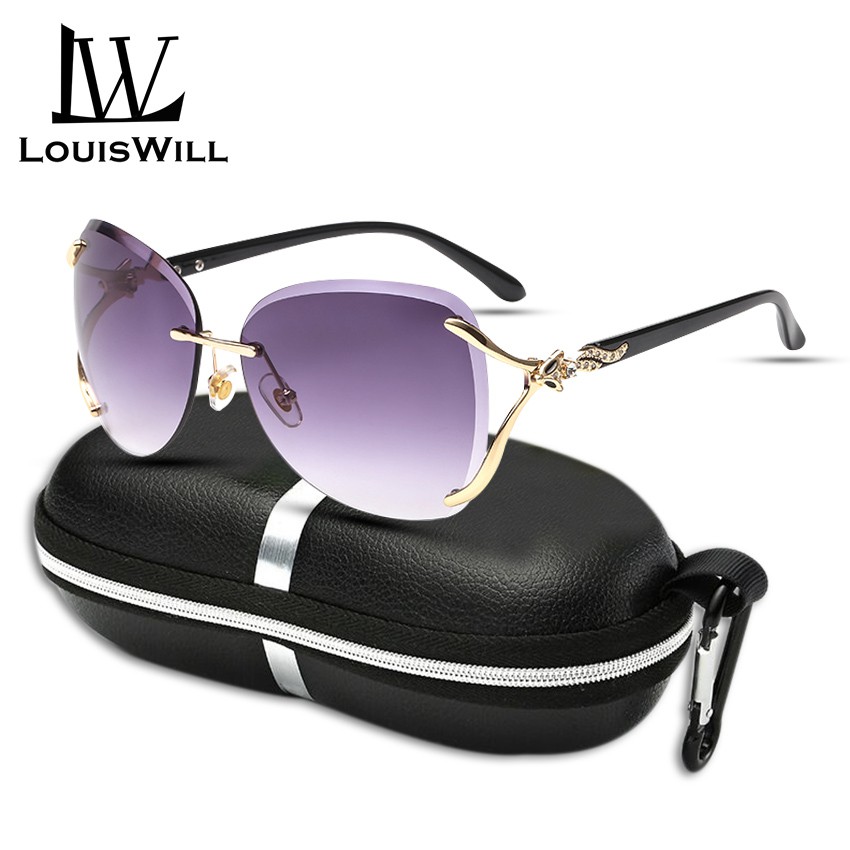 LouisWill Kacamata Wanita Hitam Wanita Pelindung Uv Warna Gradasi Hias Berlian Imitasi Dengan Kotak Penyimpanan-Purple
