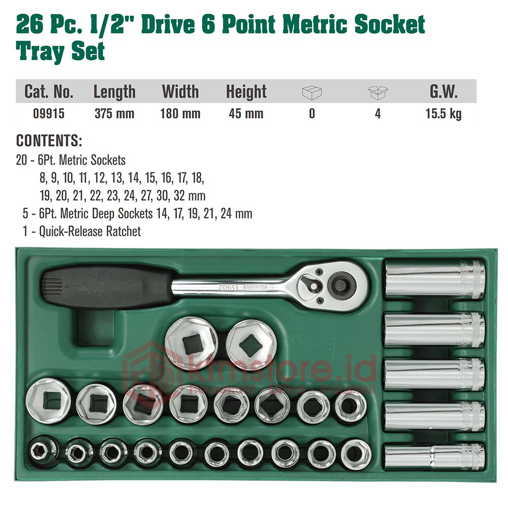 Kunci Socket Tray Set 26 Pcs 1/2&quot; 09915  METRIC SATA TOOLS