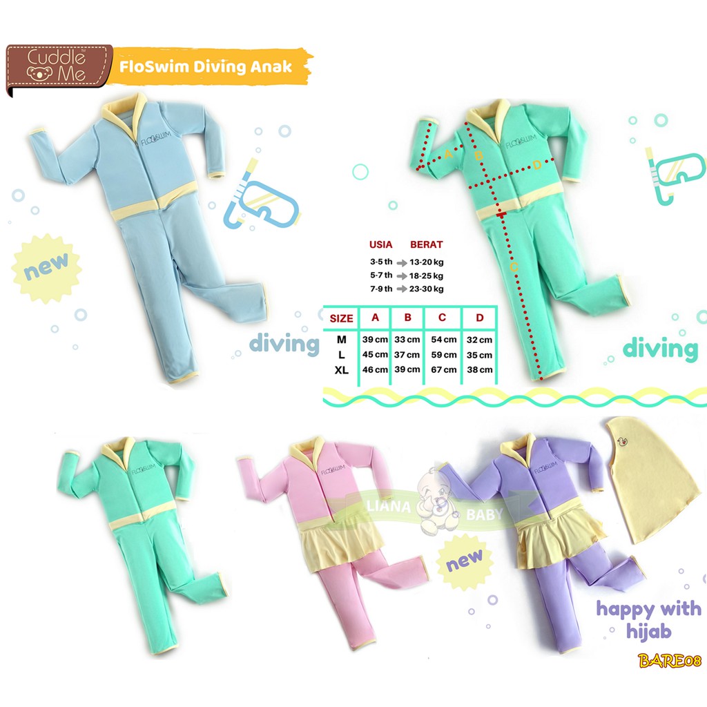 BARE08 CUDDLE ME FLOSWIM DIVING MUSLIM/ BAJU RENANG MENGAPUNG lengan panjang