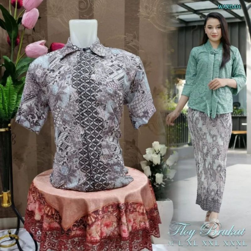 IndahKebaya • COUPLE KEBAYA FLOY BROKAT DAN KEMEJA BATIK PRIA / KEBAYA FLOY KUTUBARU JUMBO LD 100 110 120 130 / KEMEJA CASUAL PRIA BATIK KONDANGAN / COUPLE BAJU WANITA MODERN / MOCCA GOLD DUSTY MAROON WARDAH NAVY SILVER LAVENDER  PUTIH HITAM HIJAU