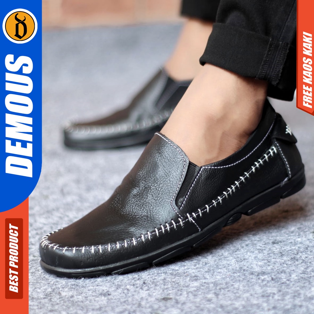 DOMOUSE KNIT Sepatu Casual Slip On Kulit Asli Slop Pria Hitam