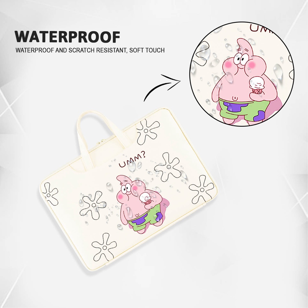 Sleeve Pouch Sarung Tas Bag Case Ipad Tab Tablet Macbook Air Pro Laptop Asus Acer Lenovo HP Huawei 11 12 13 14 15 inch Motif Gambar Kartun Cartoon Patrick Warna Putih Lucu Cute Murah Korean Model Jinjing Tali Strap